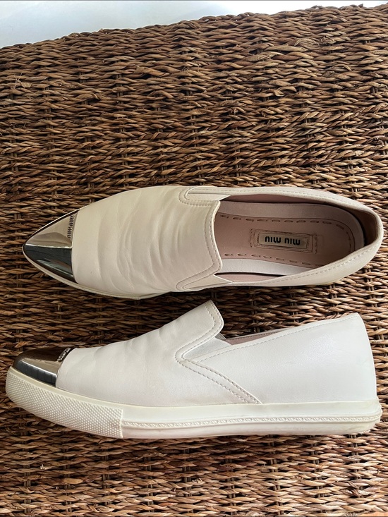 Miu Miu Shoes - Women’s Miu Miu White/Cream Leather Slip-Ons with Silver Cap Toes